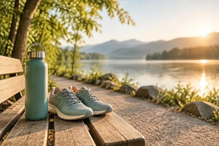 Trinkflasche und Laufschuhe auf einer Holzbank an einem Seeufer im Morgenlicht