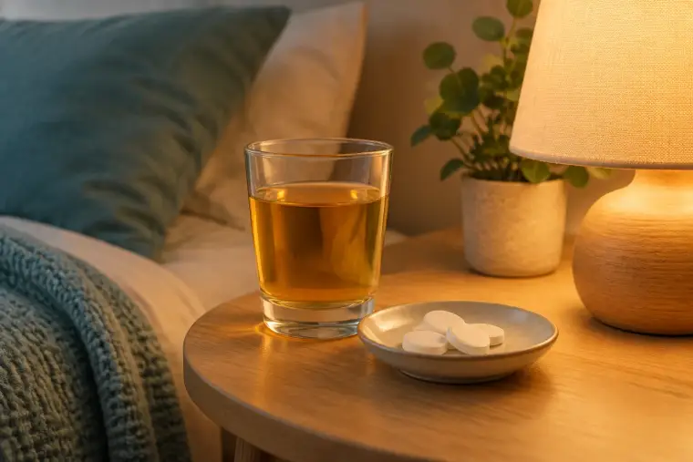 Glas Apfelsaft und Traubenzucker-Plättchen auf einem Nachttisch neben einer warm leuchtenden Leselampe