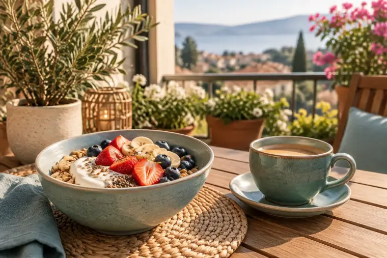 Müsli mit Joghurt und frischem Obst und eine Tasse Kaffee auf einem sonnigen Balkontisch