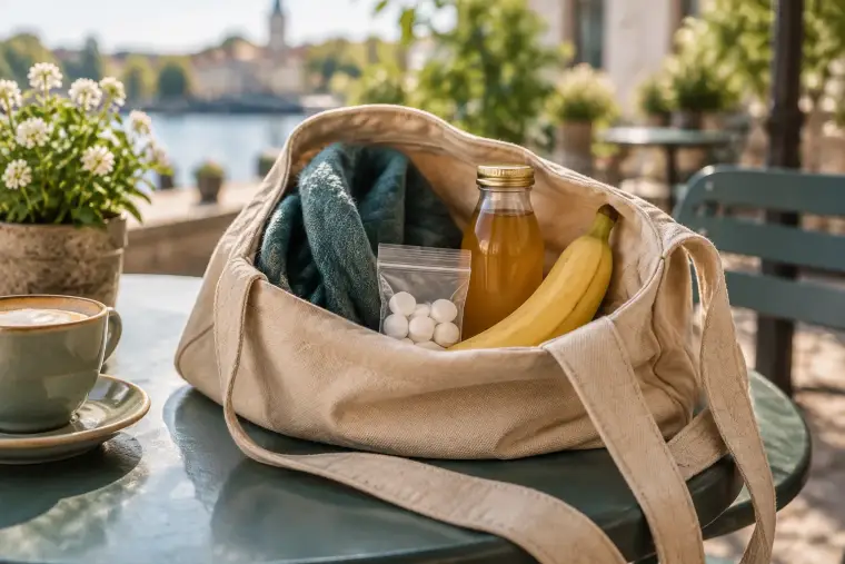 Offene Stofftasche auf einem Café-Tisch mit einem Beutel Traubenzucker, einer kleinen Flasche Apfelsaft und einer Banane