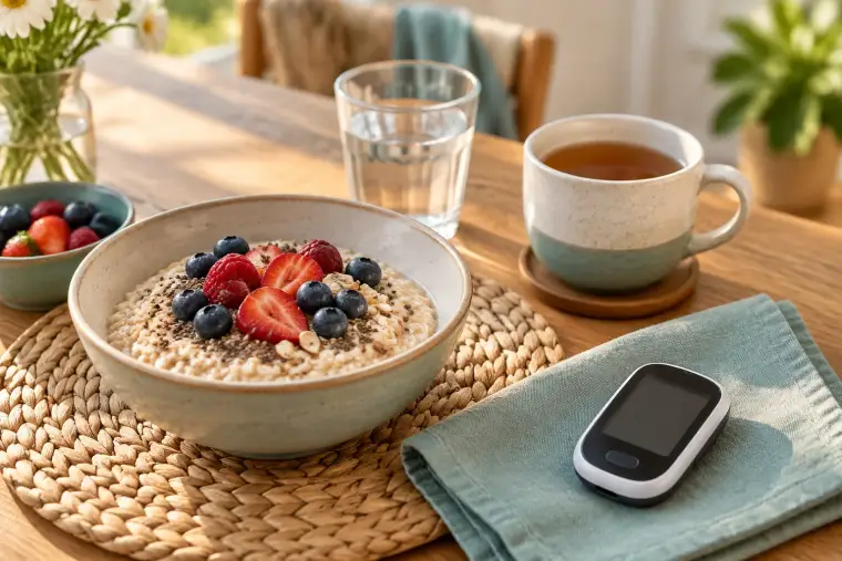 Frühstückstisch mit Haferbrei und Beeren, einem Glas Wasser, einer Tasse Tee und einem kleinen Blutzuckermessgerät auf einer Serviette