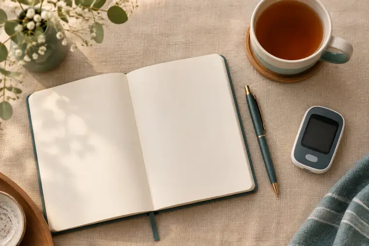 Aufgeschlagenes, leeres Notizbuch mit Stift, eine Tasse Tee und ein Blutzuckermessgerät auf einem Leinentuch